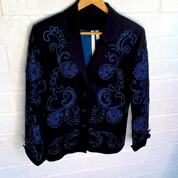 Debra Deroo Embroidered Beaded Cotton Black Blazer Jacket sz P - Picture 3 of 10